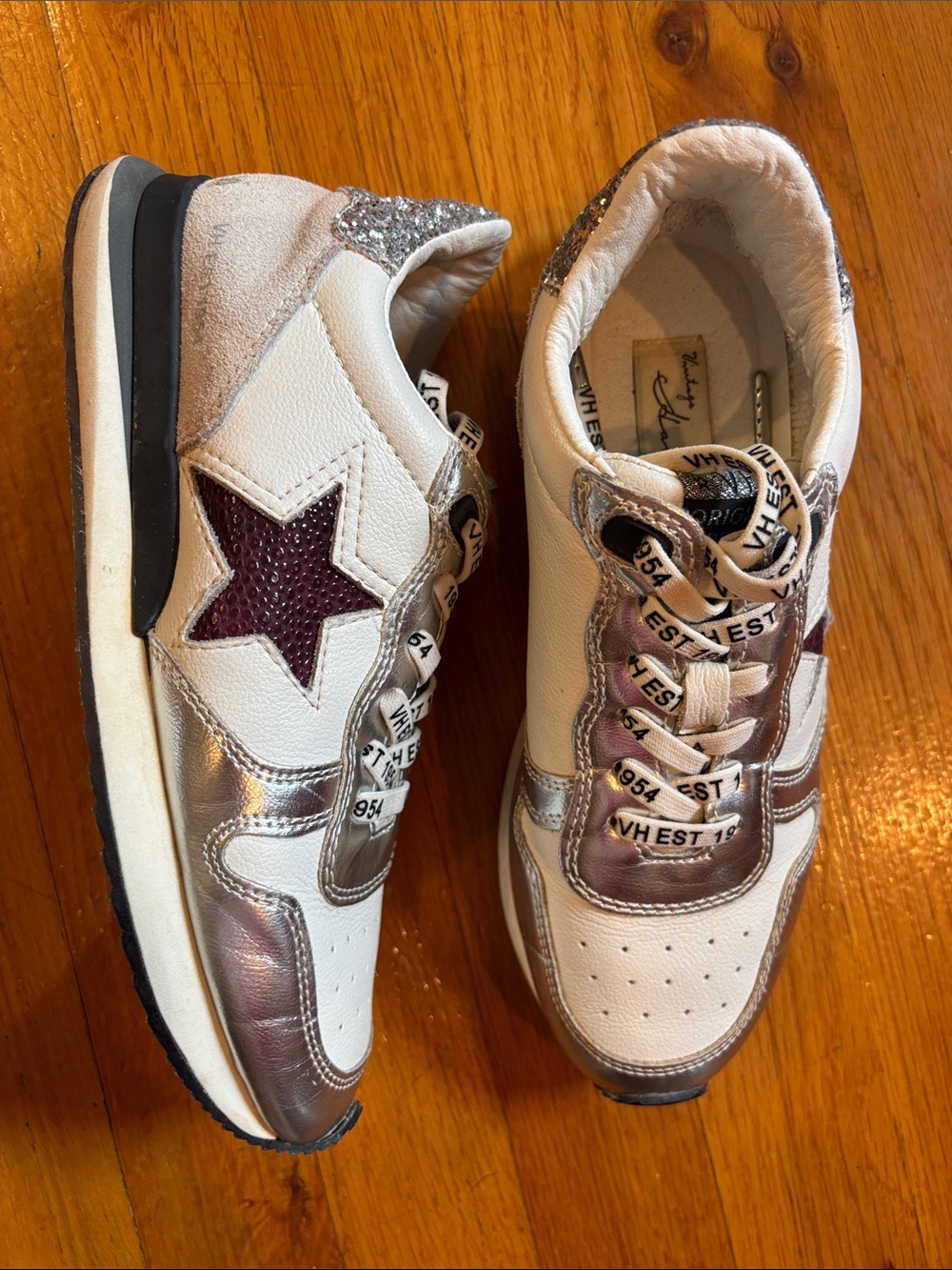 Vintage Havana White Sneakers Glitter& Metallic Silver Accents & Burgundy Star 6